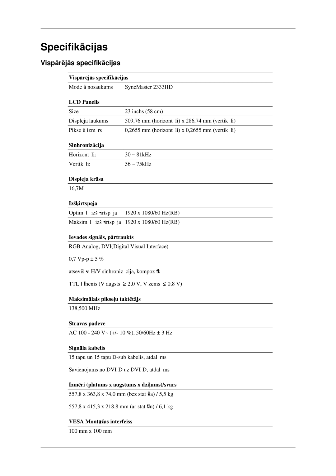 Samsung LS23CFEKF/EN, LS23CFVKF/EN manual Specifikācijas, Vispārējās specifikācijas 