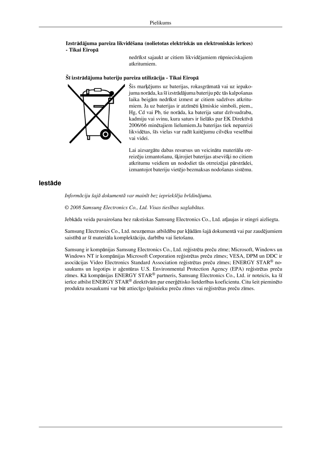 Samsung LS23CFVKF/EN, LS23CFEKF/EN manual Iestāde, Šī izstrādājuma bateriju pareiza utilizācija Tikai Eiropā 