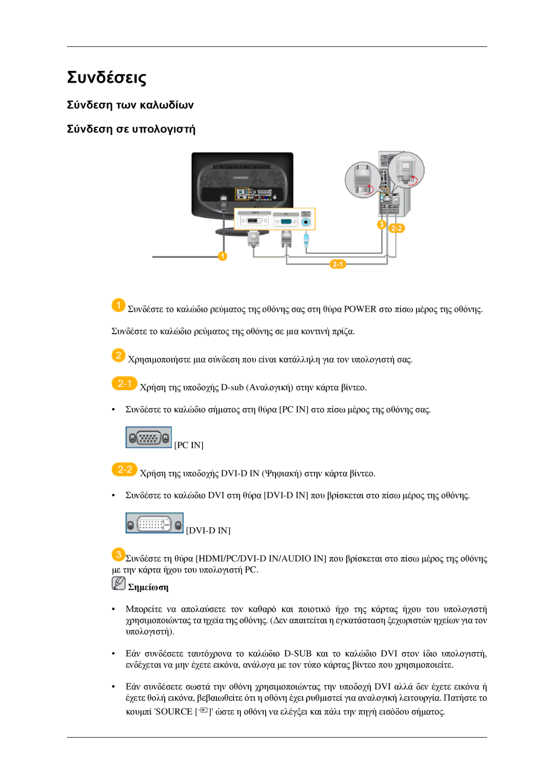 Samsung LS23CFEKF/EN, LS23CFVKF/EN manual Συνδέσεις, Σύνδεση των καλωδίων Σύνδεση σε υπολογιστή 