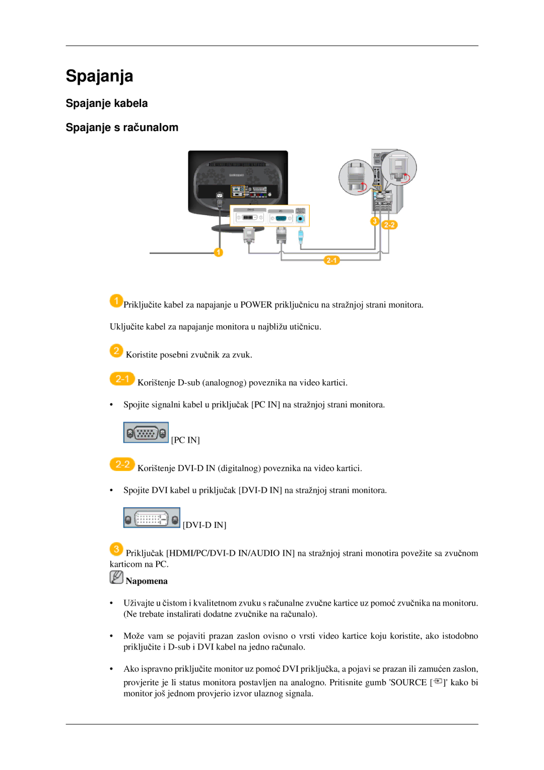 Samsung LS23CFEKF/EN, LS23CFVKF/EN manual Spajanja, Spajanje kabela Spajanje s računalom 