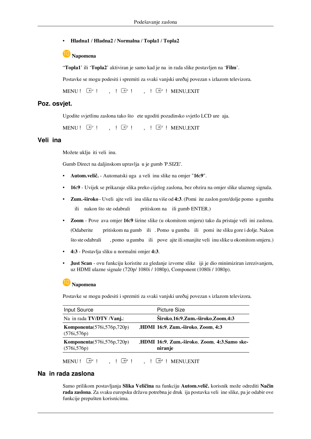 Samsung LS23CFEKF/EN, LS23CFVKF/EN manual Poz. osvjet, Veličina, Način rada zaslona 