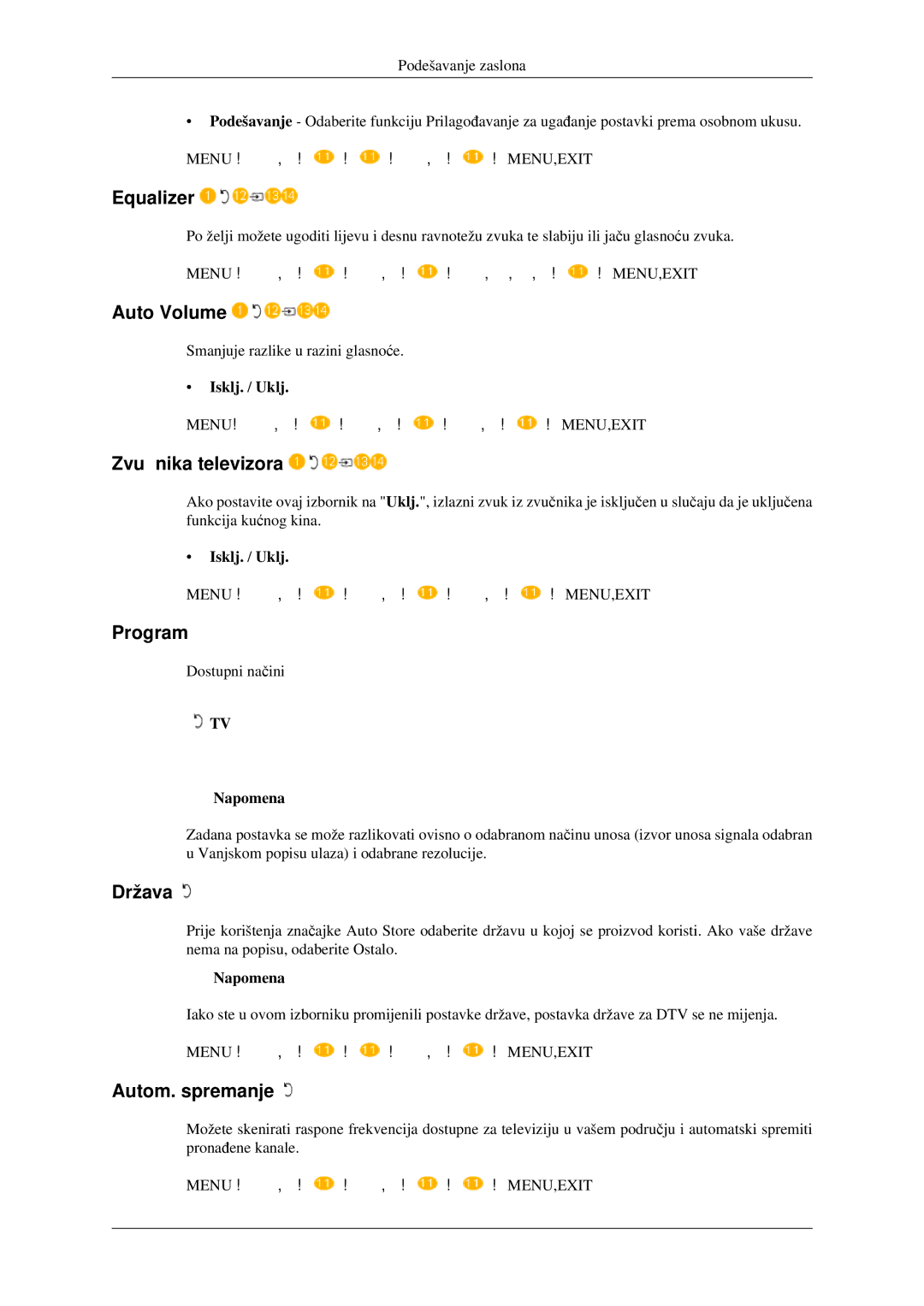 Samsung LS23CFEKF/EN, LS23CFVKF/EN manual Equalizer, Auto Volume, Zvučnika televizora, Program, Država, Autom. spremanje 