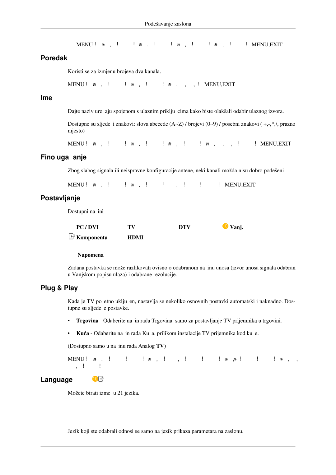 Samsung LS23CFEKF/EN, LS23CFVKF/EN manual Poredak, Ime, Fino ugađanje, Postavljanje, Plug & Play, Language 