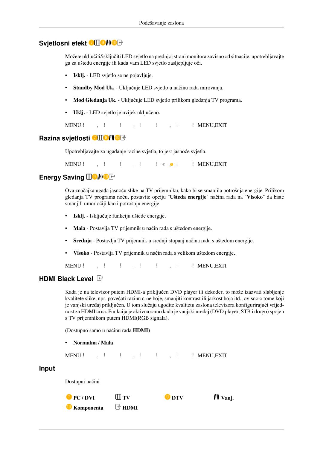 Samsung LS23CFEKF/EN, LS23CFVKF/EN manual Svjetlosni efekt, Razina svjetlosti, Energy Saving, Hdmi Black Level, Input 