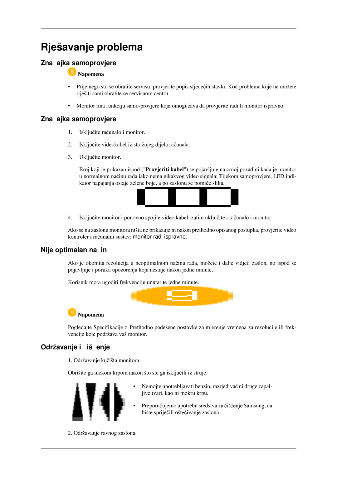 Samsung LS23CFEKF/EN, LS23CFVKF/EN Rješavanje problema, Značajka samoprovjere, Nije optimalan način, Održavanje i čišćenje 