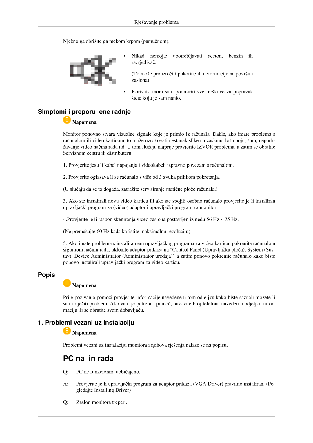 Samsung LS23CFVKF/EN, LS23CFEKF/EN manual Simptomi i preporučene radnje, Popis, Problemi vezani uz instalaciju 