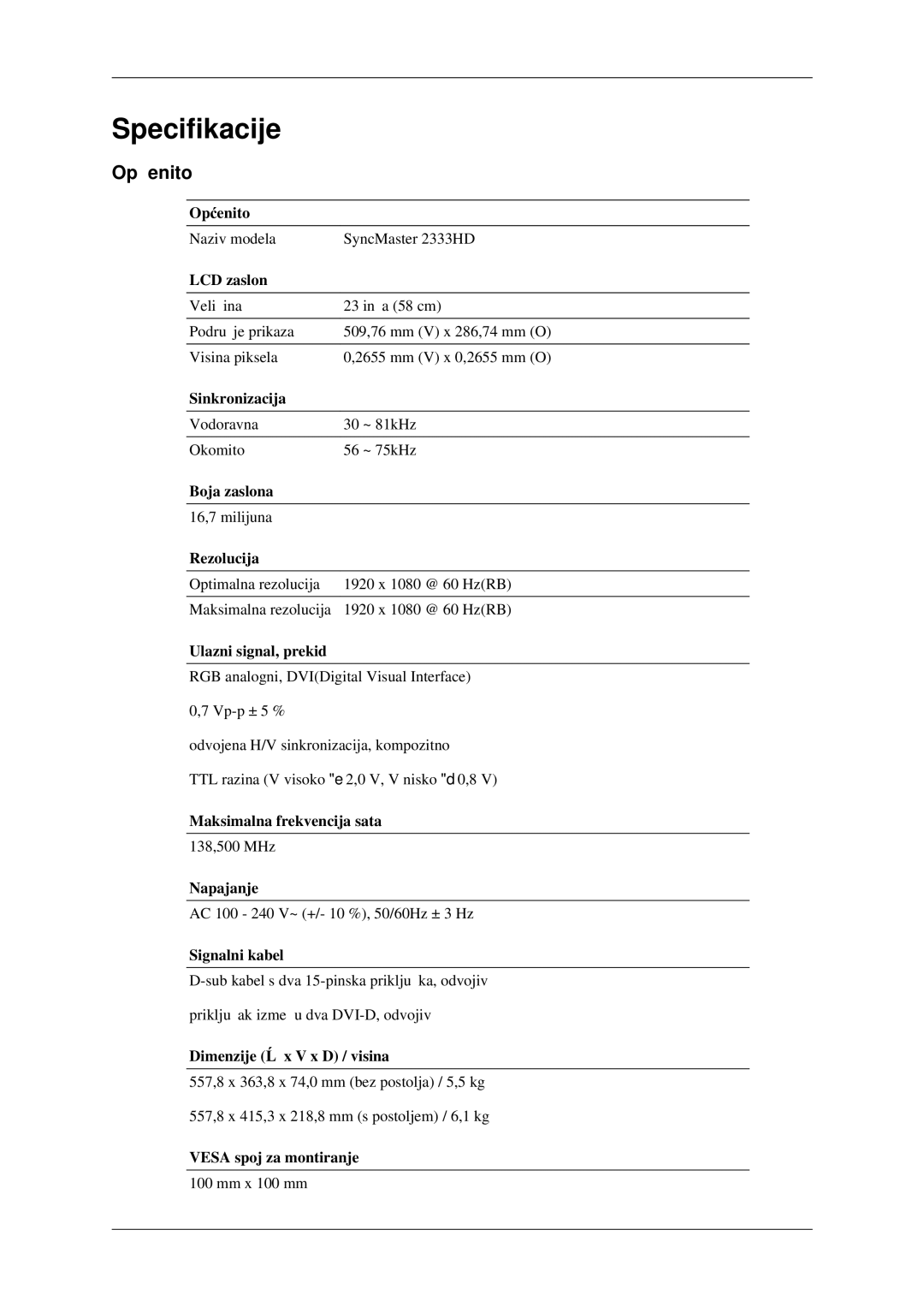 Samsung LS23CFEKF/EN, LS23CFVKF/EN manual Specifikacije, Općenito 