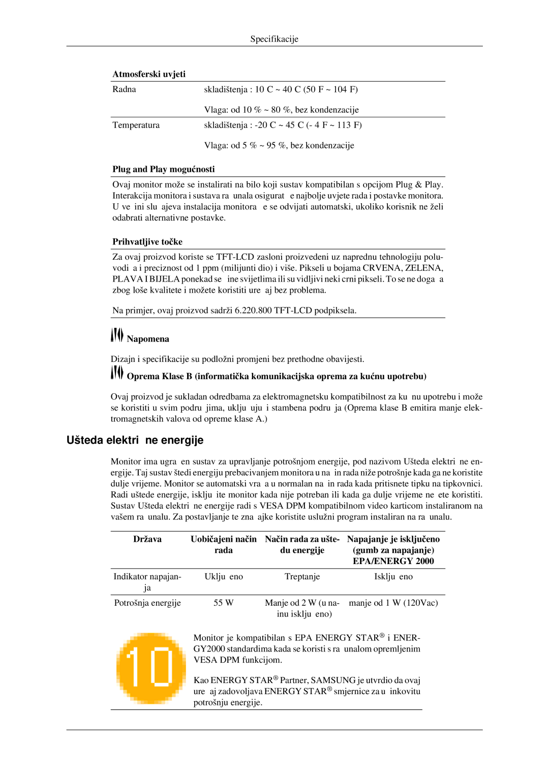 Samsung LS23CFVKF/EN manual Ušteda električne energije, Atmosferski uvjeti, Plug and Play mogućnosti, Prihvatljive točke 