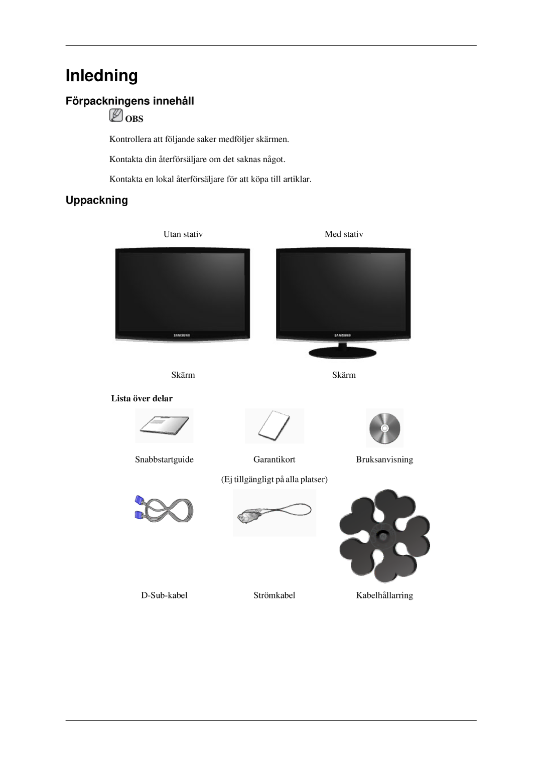 Samsung LS23CFEKF/EN, LS23CFVKF/XE manual Inledning, Förpackningens innehåll, Uppackning, Lista över delar 