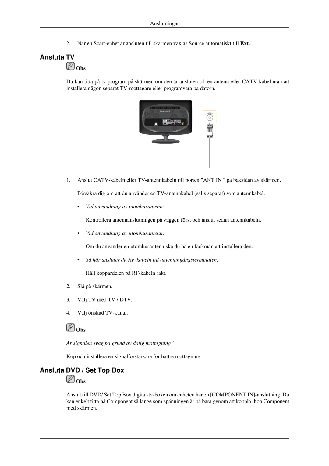 Samsung LS23CFEKF/EN, LS23CFVKF/XE manual Ansluta TV, Ansluta DVD / Set Top Box 