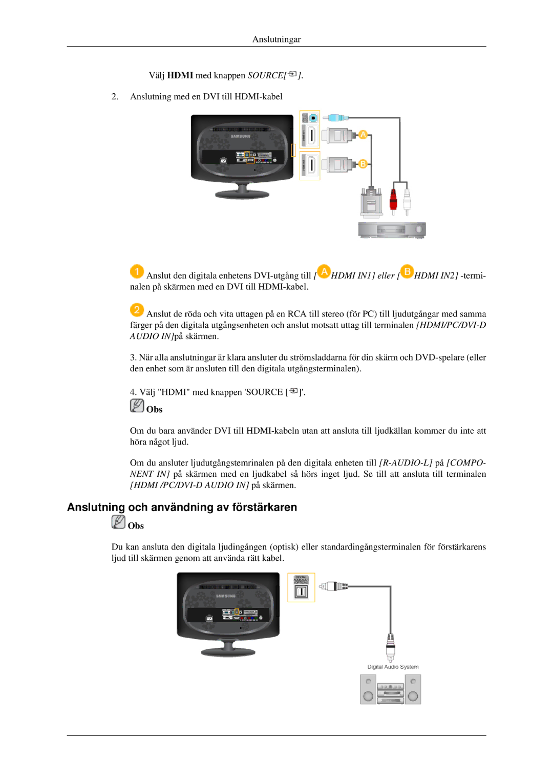 Samsung LS23CFEKF/EN, LS23CFVKF/XE manual Anslutning och användning av förstärkaren 