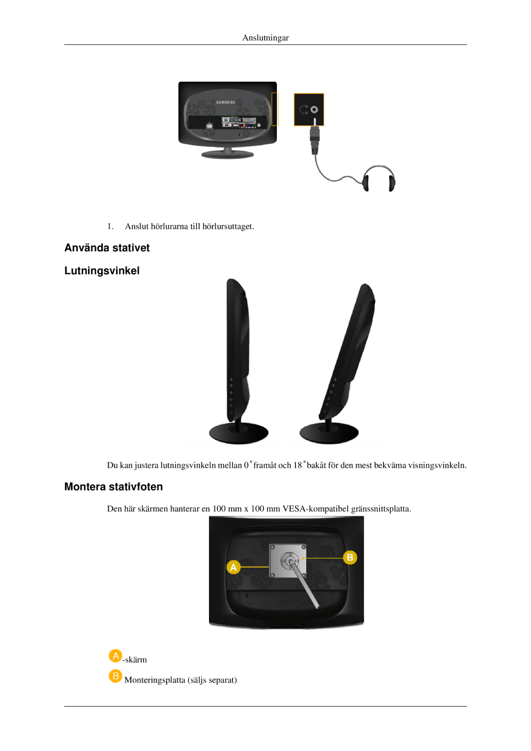 Samsung LS23CFEKF/EN, LS23CFVKF/XE manual Använda stativet Lutningsvinkel, Montera stativfoten 