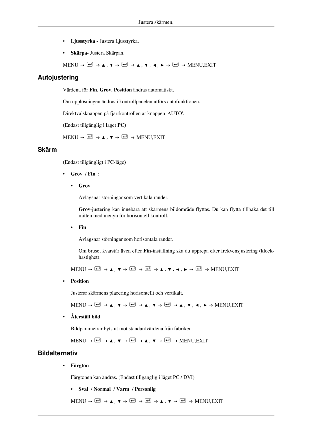 Samsung LS23CFEKF/EN, LS23CFVKF/XE manual Autojustering, Skärm, Bildalternativ 