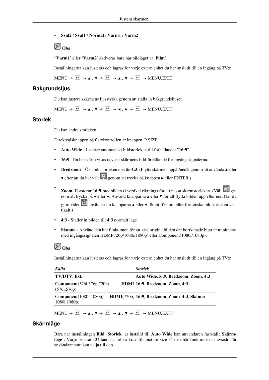 Samsung LS23CFEKF/EN, LS23CFVKF/XE manual Bakgrundsljus, Storlek, Skärmläge, Sval2 / Sval1 / Normal / Varm1 / Varm2 Obs 