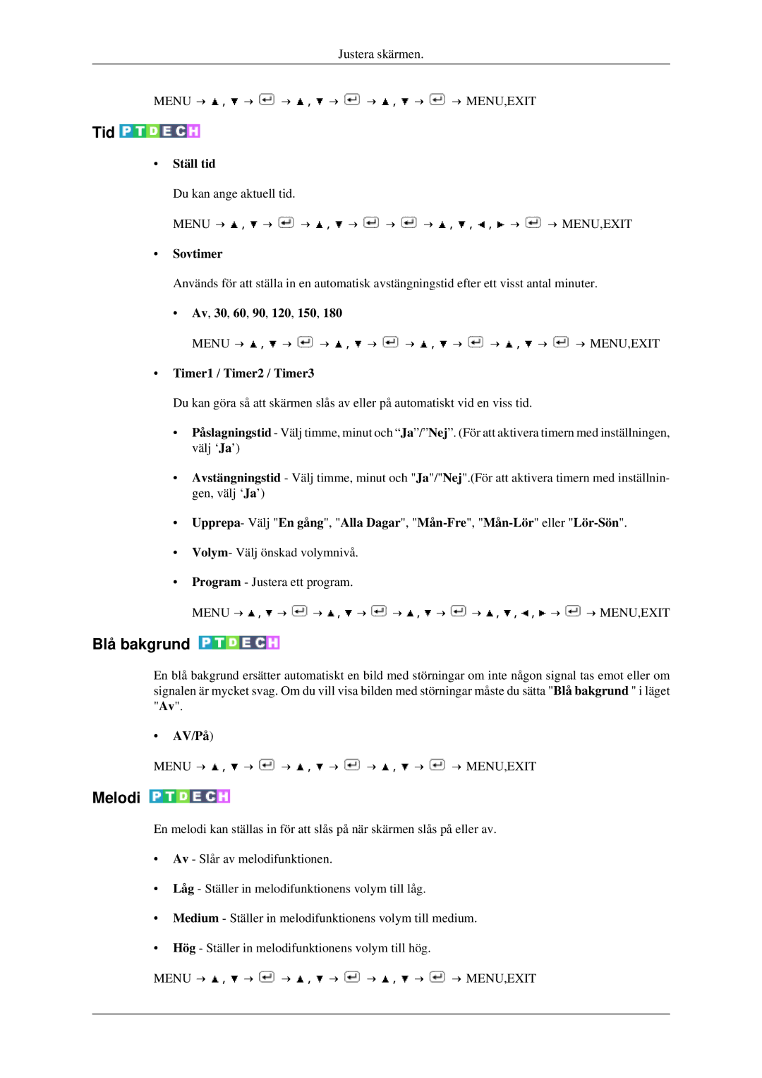 Samsung LS23CFVKF/XE, LS23CFEKF/EN manual Tid, Blå bakgrund, Melodi 