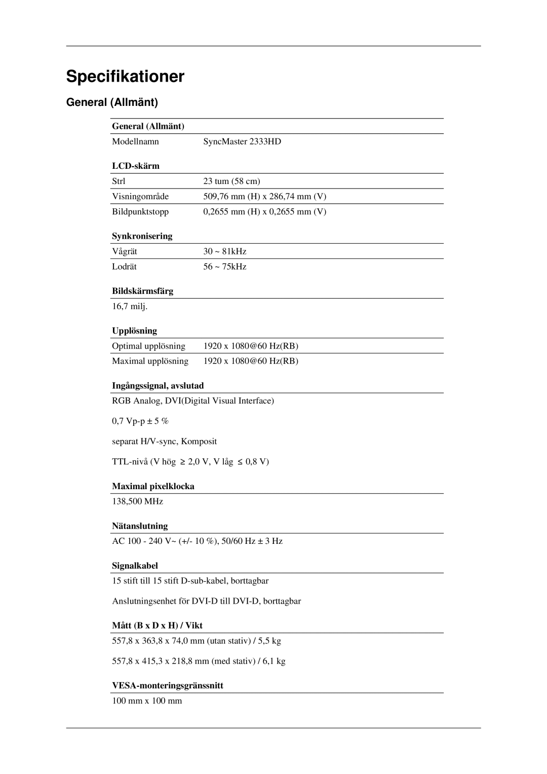 Samsung LS23CFEKF/EN, LS23CFVKF/XE manual Specifikationer, General Allmänt 