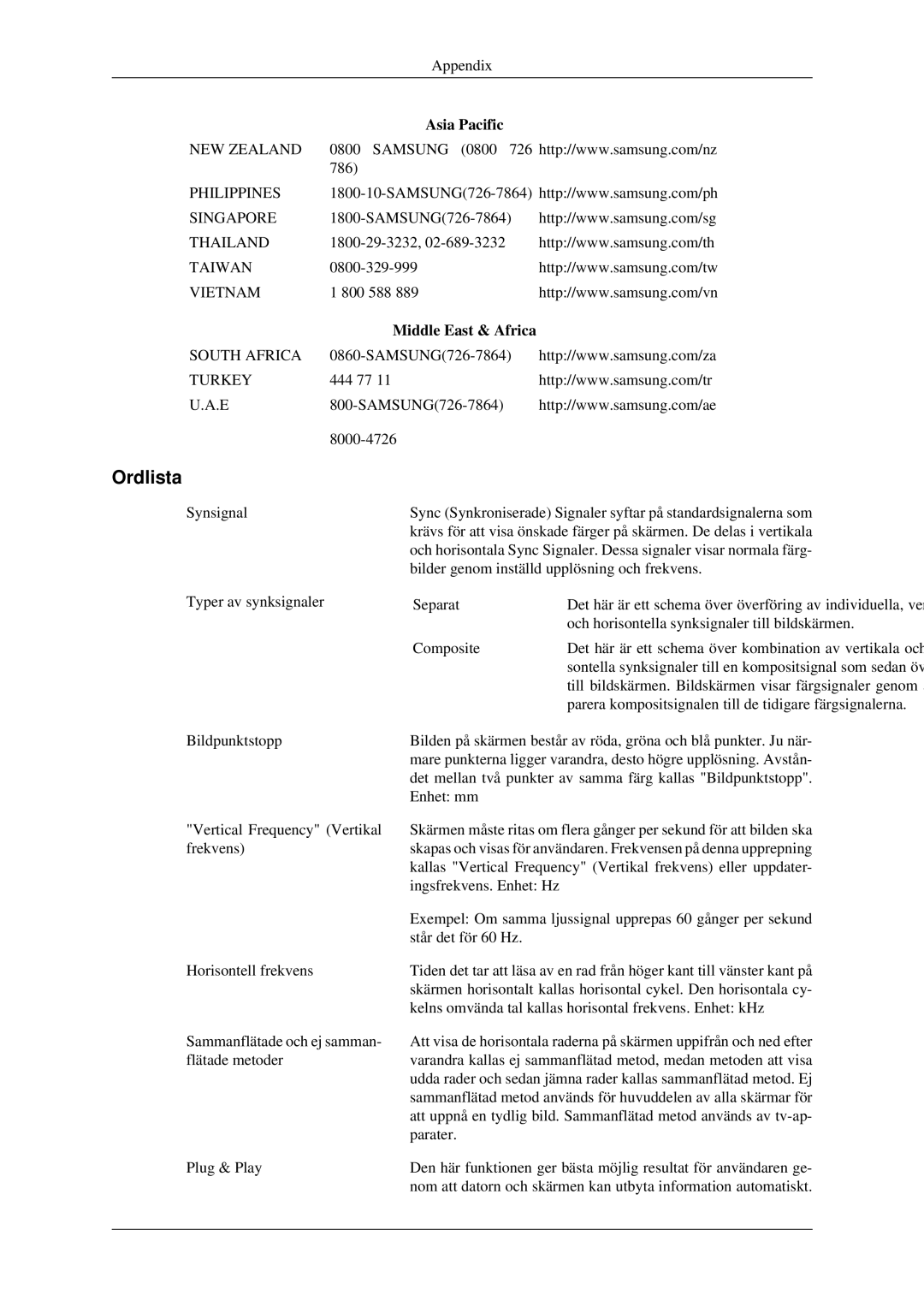 Samsung LS23CFVKF/XE, LS23CFEKF/EN manual Ordlista, Middle East & Africa 