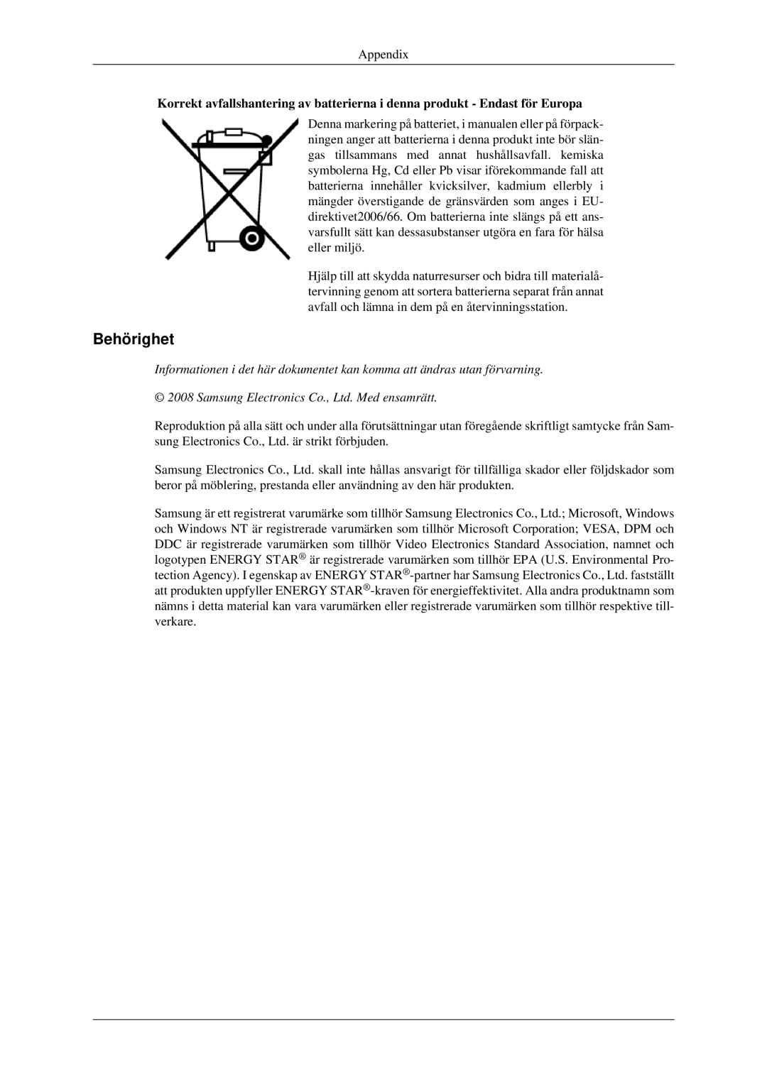 Samsung LS23CFEKF/EN, LS23CFVKF/XE manual Behörighet 