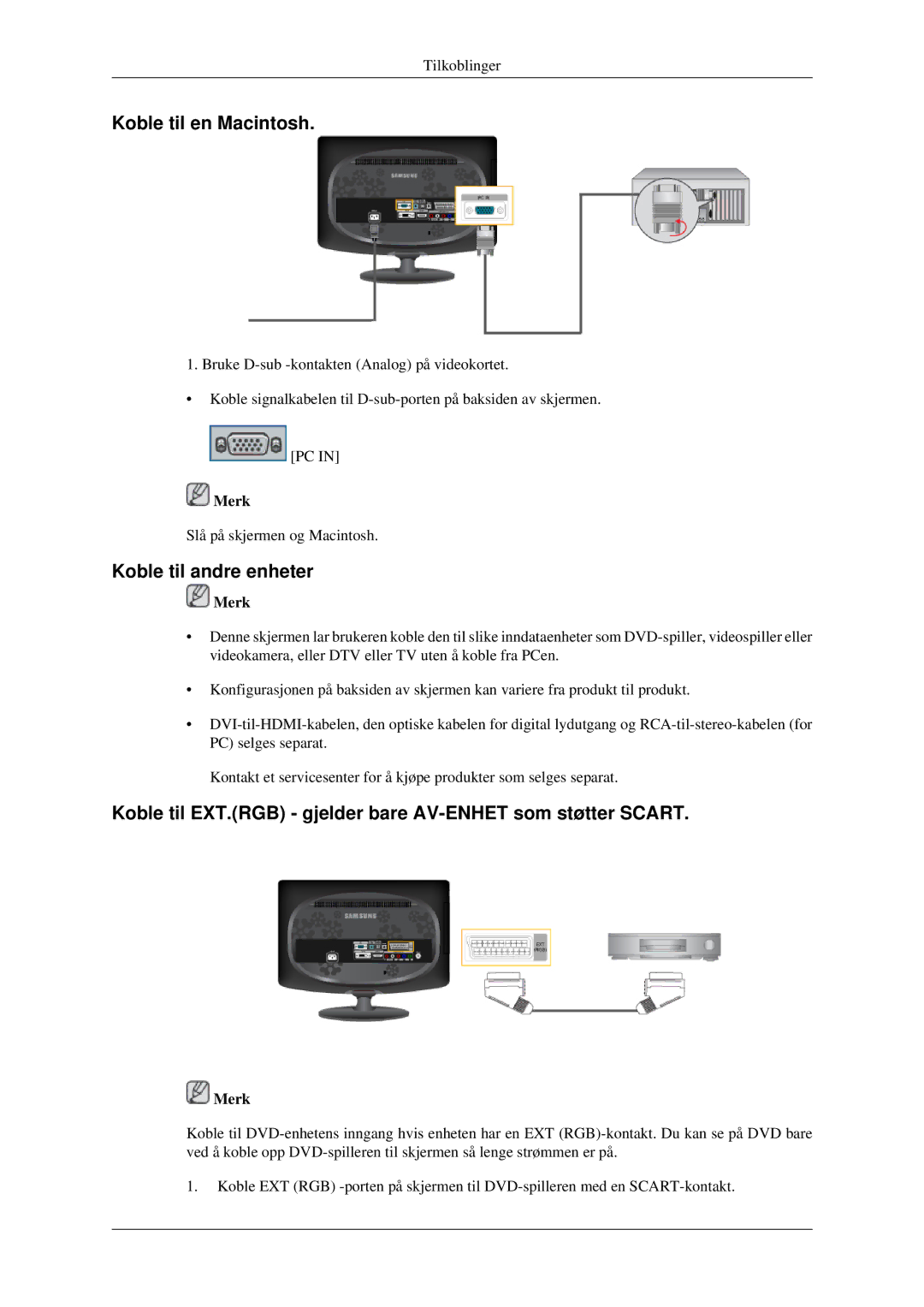 Samsung LS23CFVKF/XE, LS23CFEKF/EN manual Koble til en Macintosh, Koble til andre enheter 