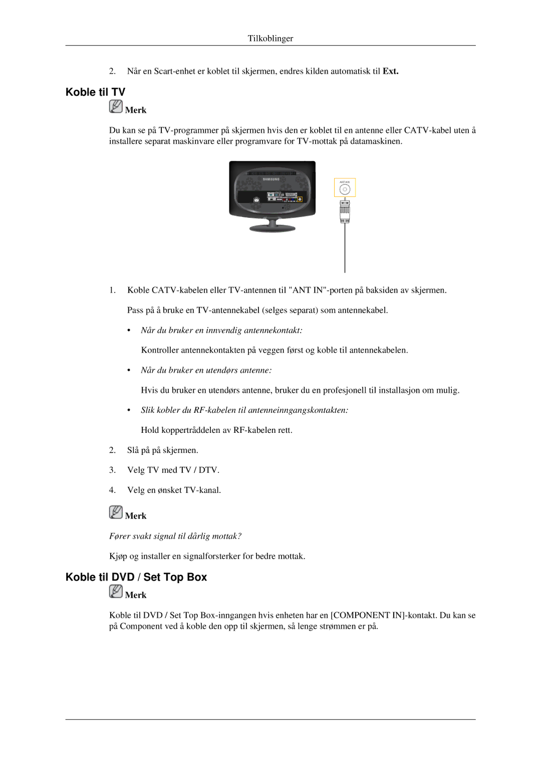 Samsung LS23CFEKF/EN, LS23CFVKF/XE manual Koble til TV, Koble til DVD / Set Top Box 