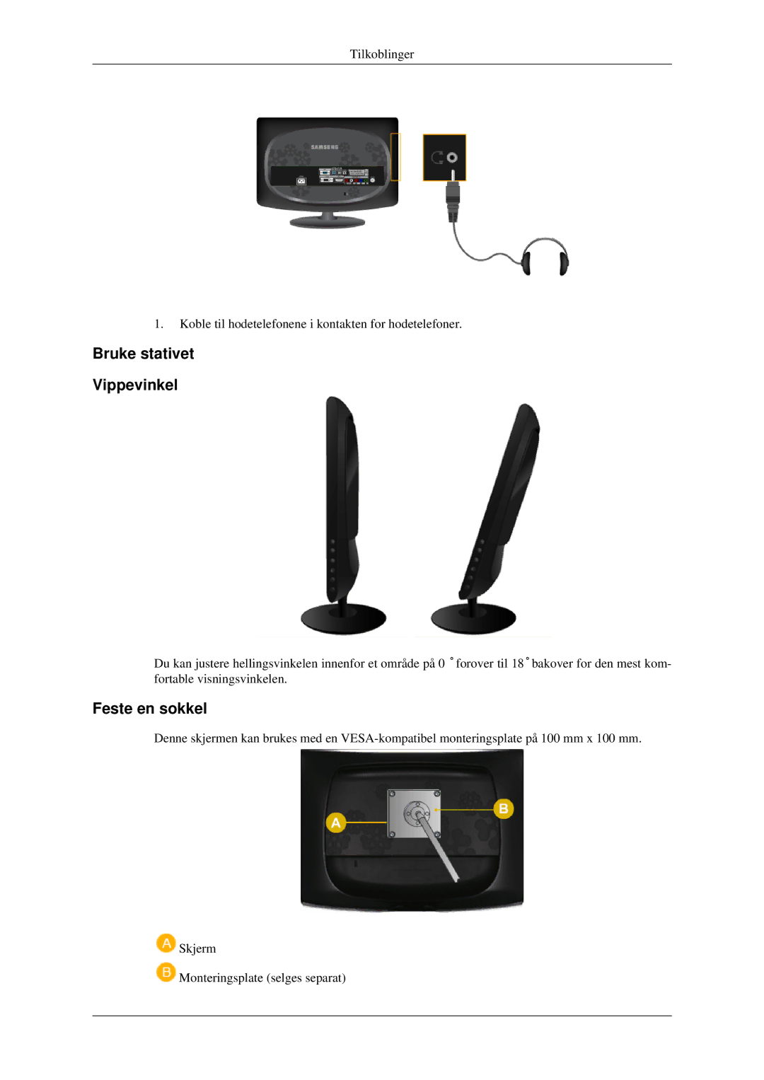 Samsung LS23CFEKF/EN, LS23CFVKF/XE manual Bruke stativet Vippevinkel, Feste en sokkel 