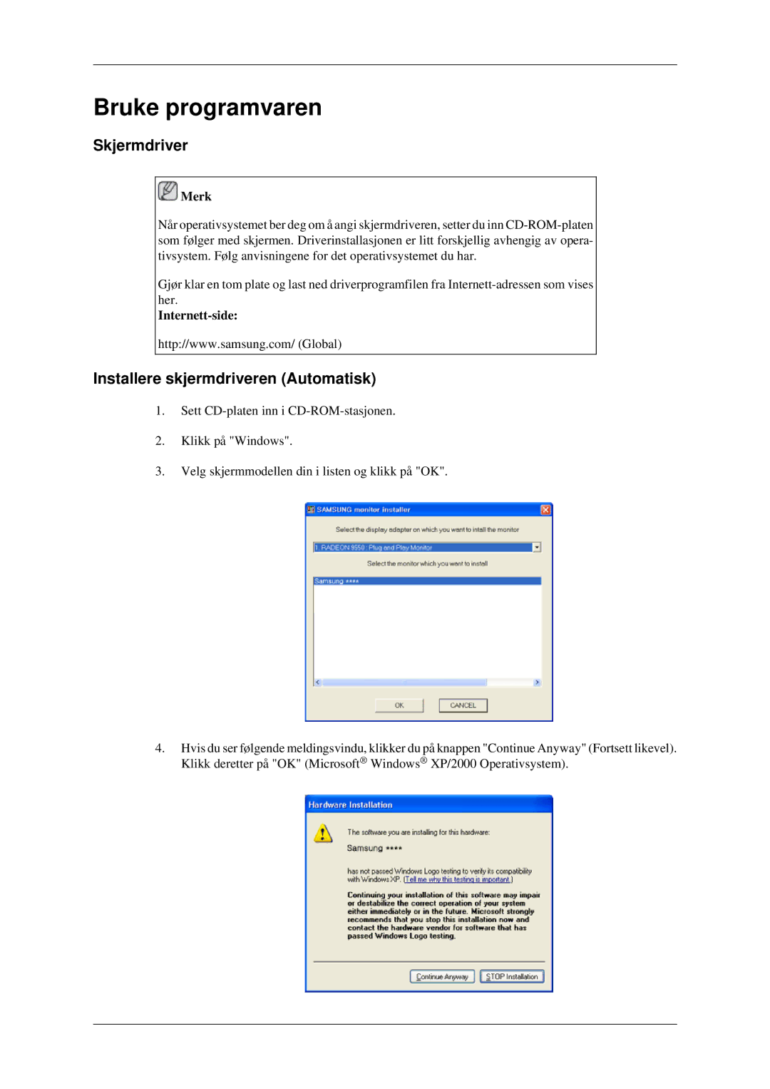 Samsung LS23CFEKF/EN, LS23CFVKF/XE Bruke programvaren, Skjermdriver, Installere skjermdriveren Automatisk, Internett-side 