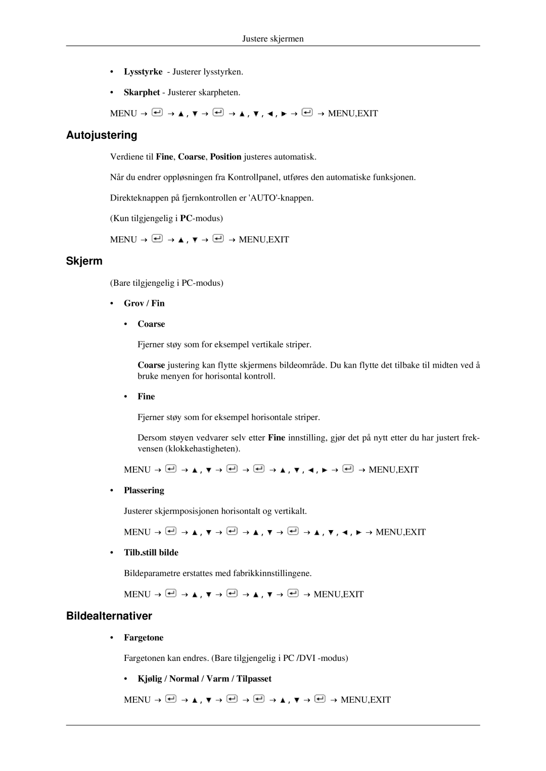 Samsung LS23CFEKF/EN, LS23CFVKF/XE manual Autojustering, Skjerm, Bildealternativer 