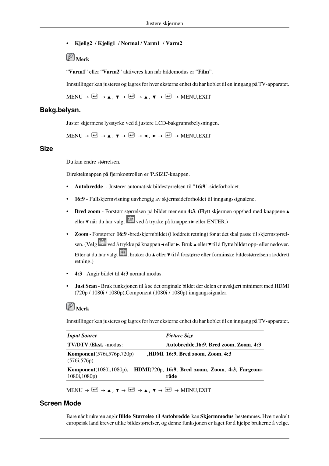 Samsung LS23CFEKF/EN, LS23CFVKF/XE manual Bakg.belysn, Size, Screen Mode, Kjølig2 / Kjølig1 / Normal / Varm1 / Varm2 Merk 