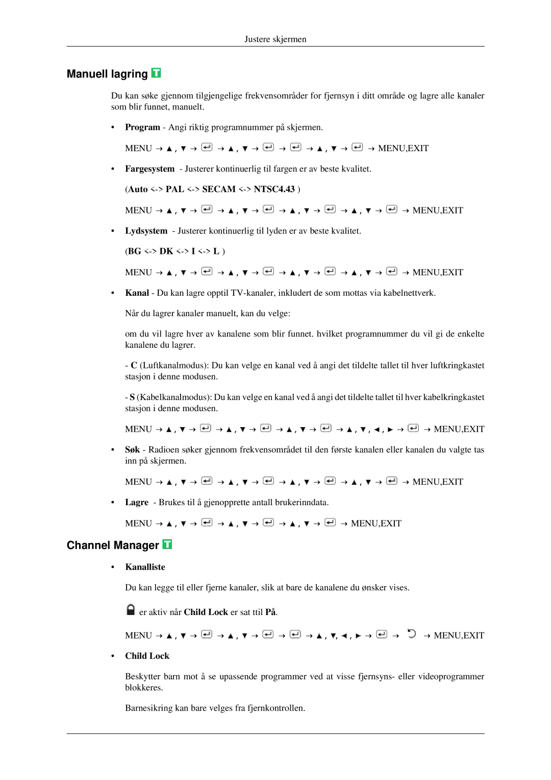 Samsung LS23CFVKF/XE, LS23CFEKF/EN manual Manuell lagring, Channel Manager, Kanalliste, Child Lock 