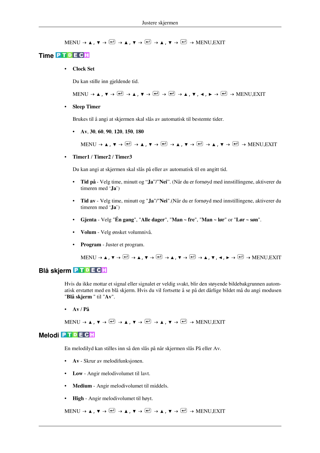 Samsung LS23CFVKF/XE, LS23CFEKF/EN manual Time, Blå skjerm, Melodi 