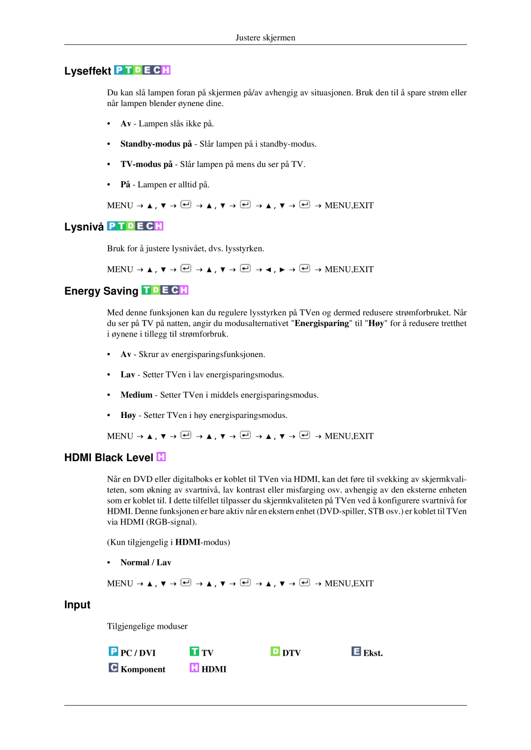 Samsung LS23CFEKF/EN, LS23CFVKF/XE manual Lyseffekt, Lysnivå, Energy Saving, Hdmi Black Level, Input 