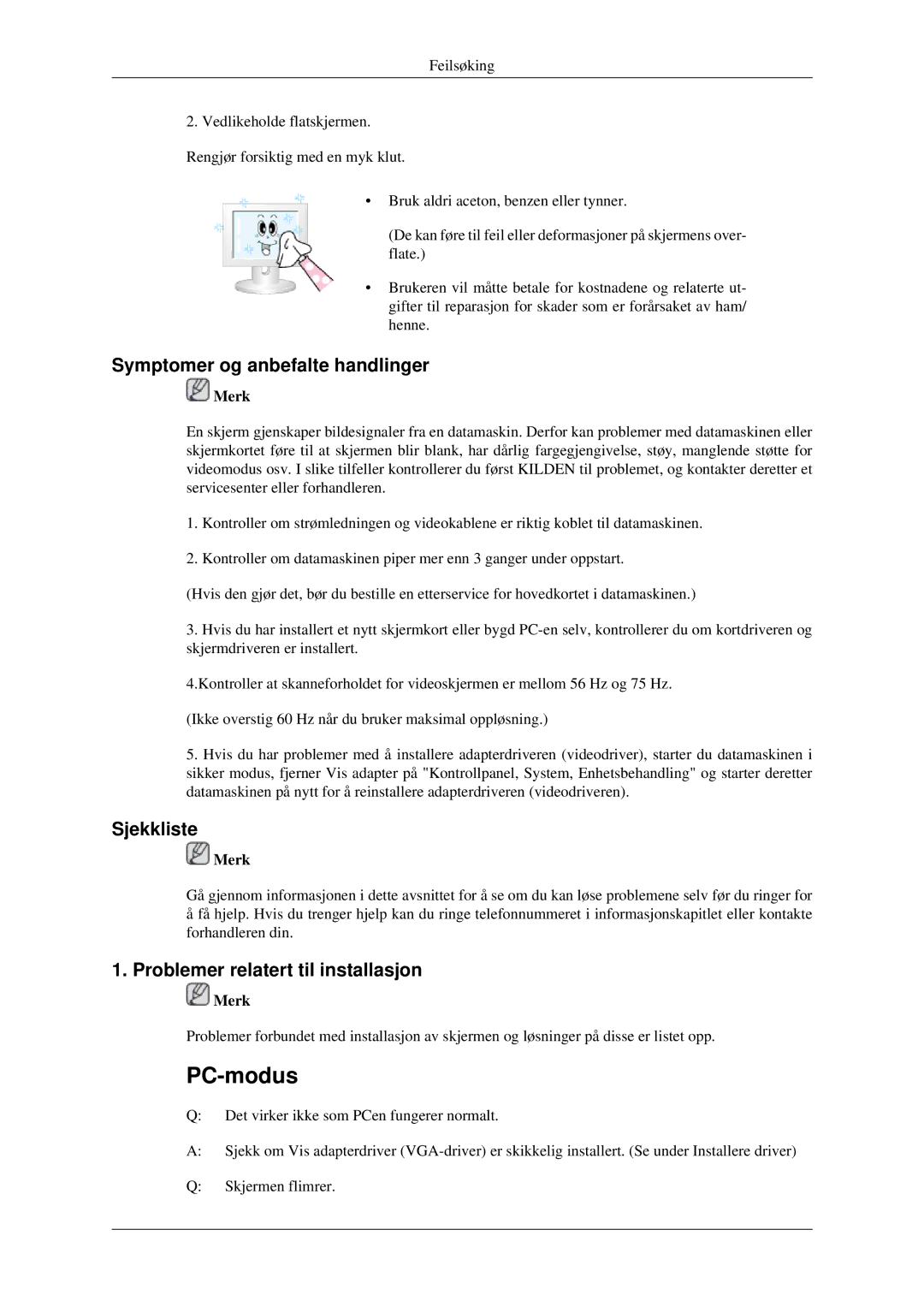 Samsung LS23CFVKF/XE, LS23CFEKF/EN manual Symptomer og anbefalte handlinger, Sjekkliste, Problemer relatert til installasjon 