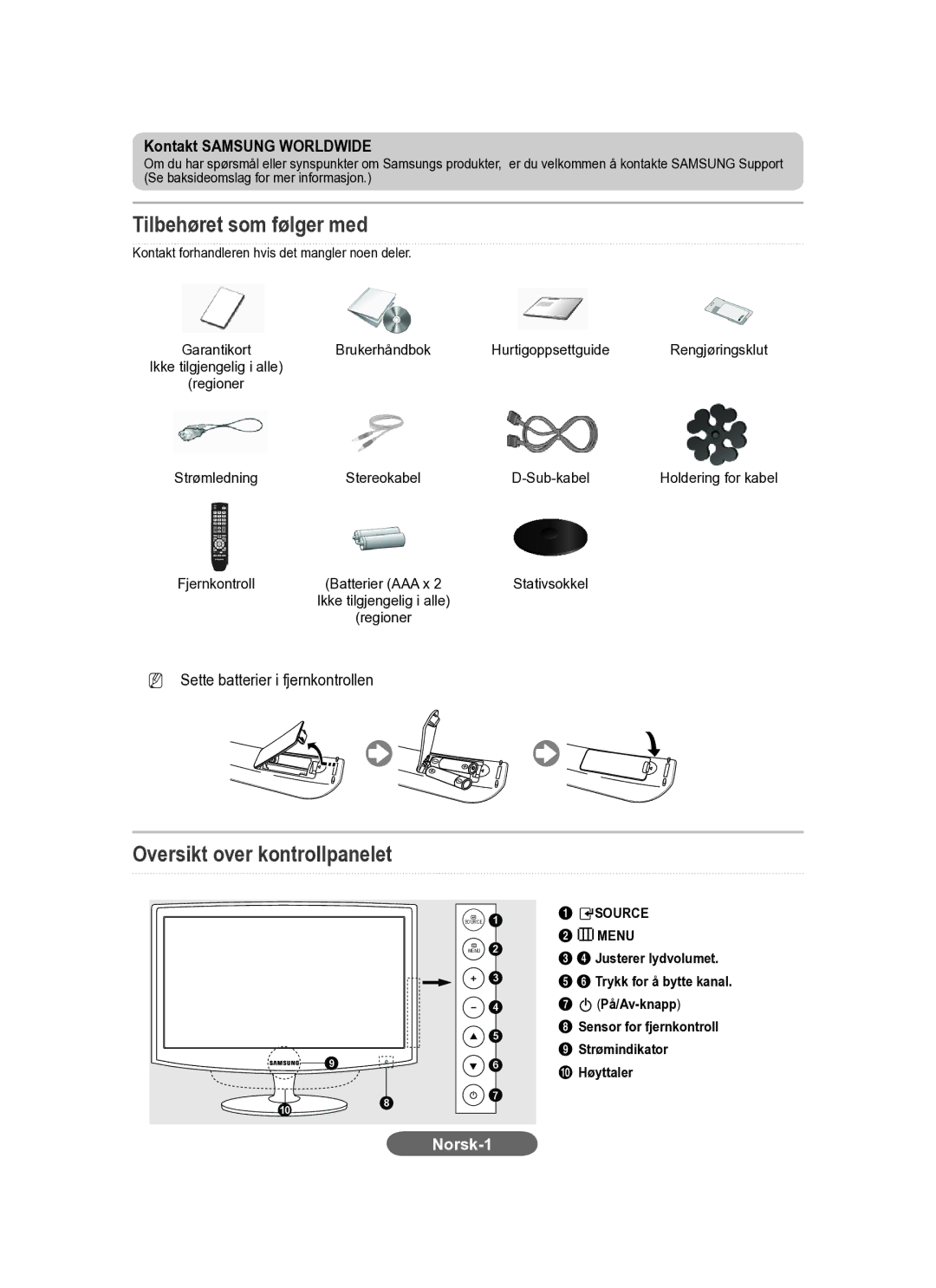 Samsung LS23CFEKF/EN, LS23CFVKF/XE manual Tilbehøret som følger med, Oversikt over kontrollpanelet 