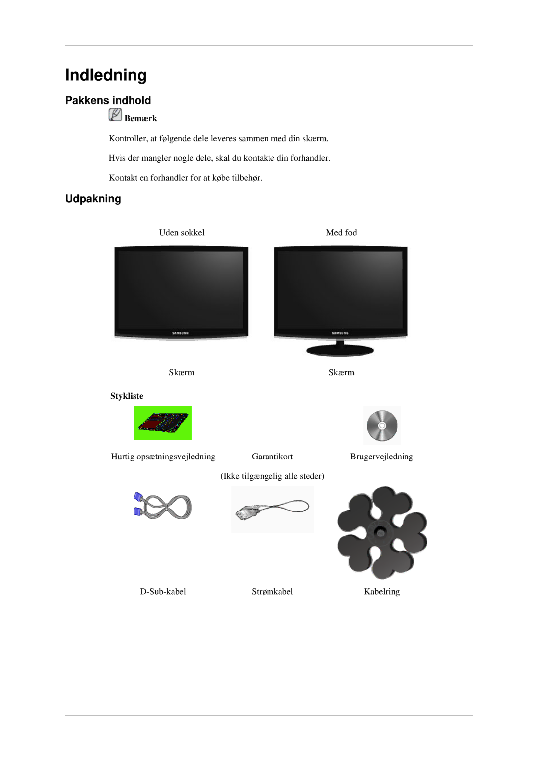 Samsung LS23CFEKF/EN, LS23CFVKF/XE manual Indledning, Pakkens indhold, Udpakning, Stykliste 