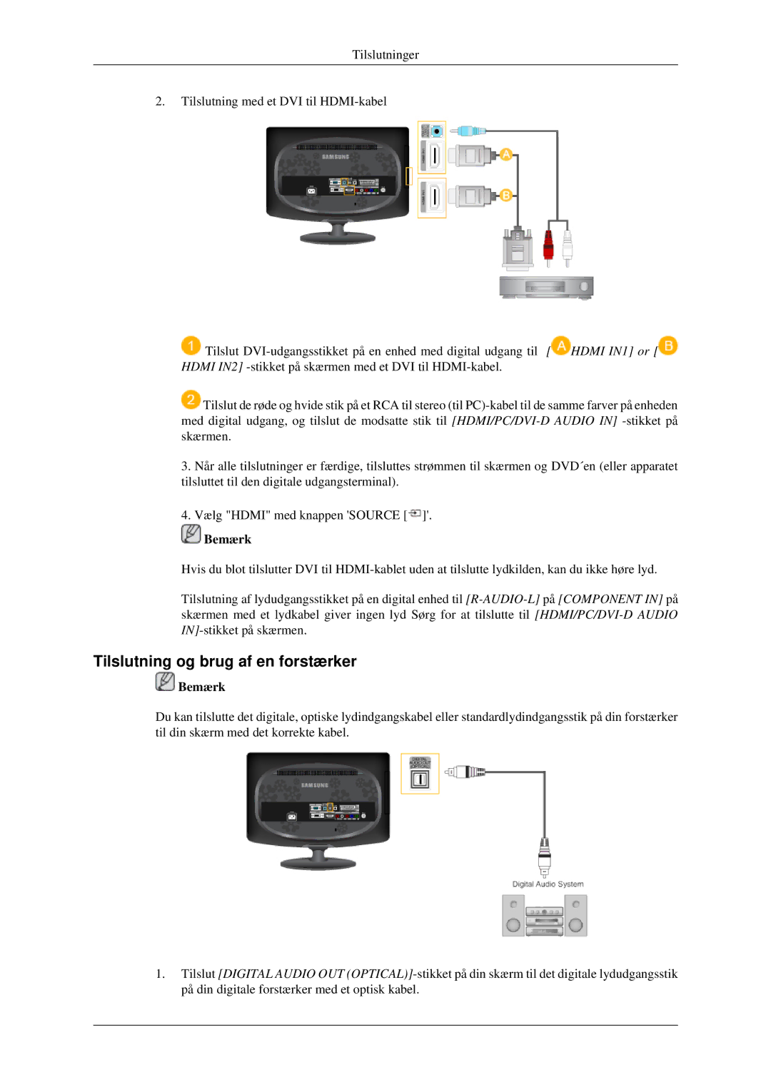 Samsung LS23CFEKF/EN, LS23CFVKF/XE manual Tilslutning og brug af en forstærker 