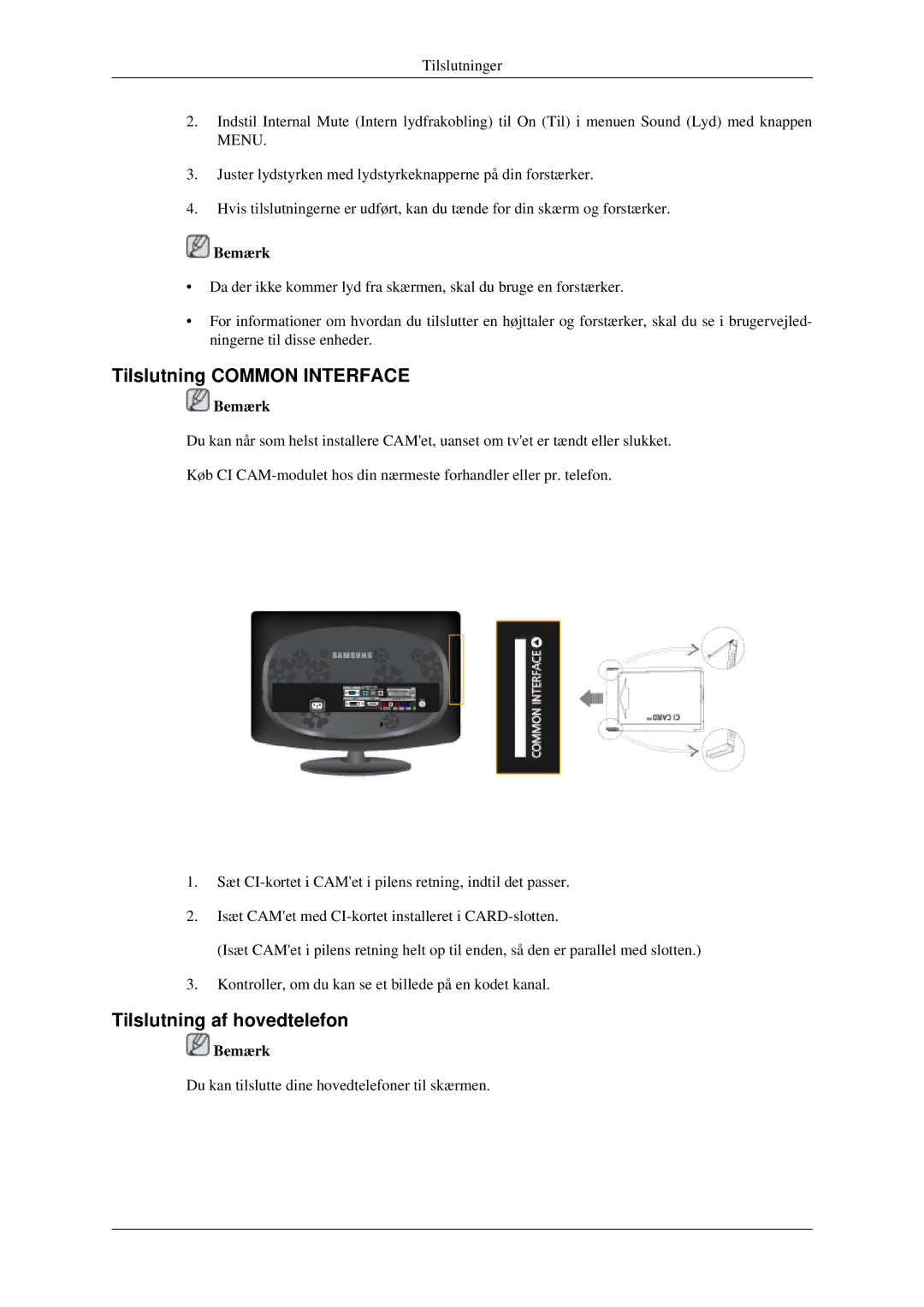 Samsung LS23CFVKF/XE, LS23CFEKF/EN manual Tilslutning Common Interface, Tilslutning af hovedtelefon 