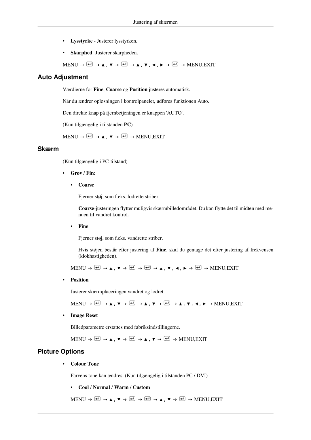 Samsung LS23CFEKF/EN, LS23CFVKF/XE manual Auto Adjustment, Skærm, Picture Options 