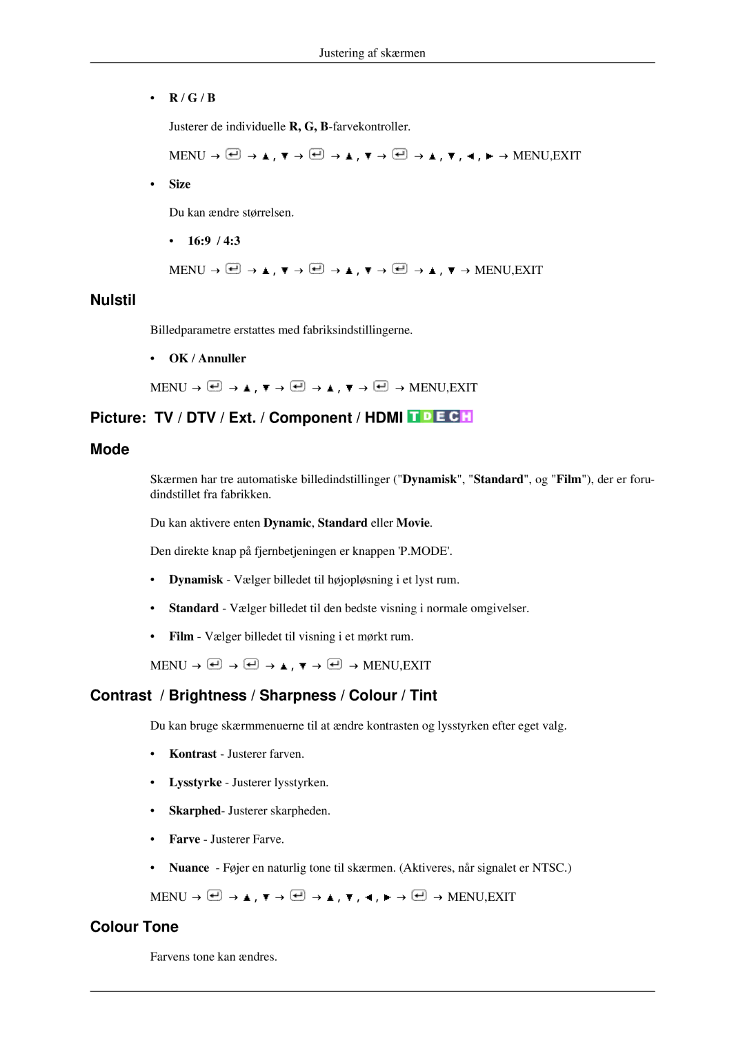 Samsung LS23CFVKF/XE, LS23CFEKF/EN manual Nulstil, Picture TV / DTV / Ext. / Component / Hdmi Mode, Colour Tone 