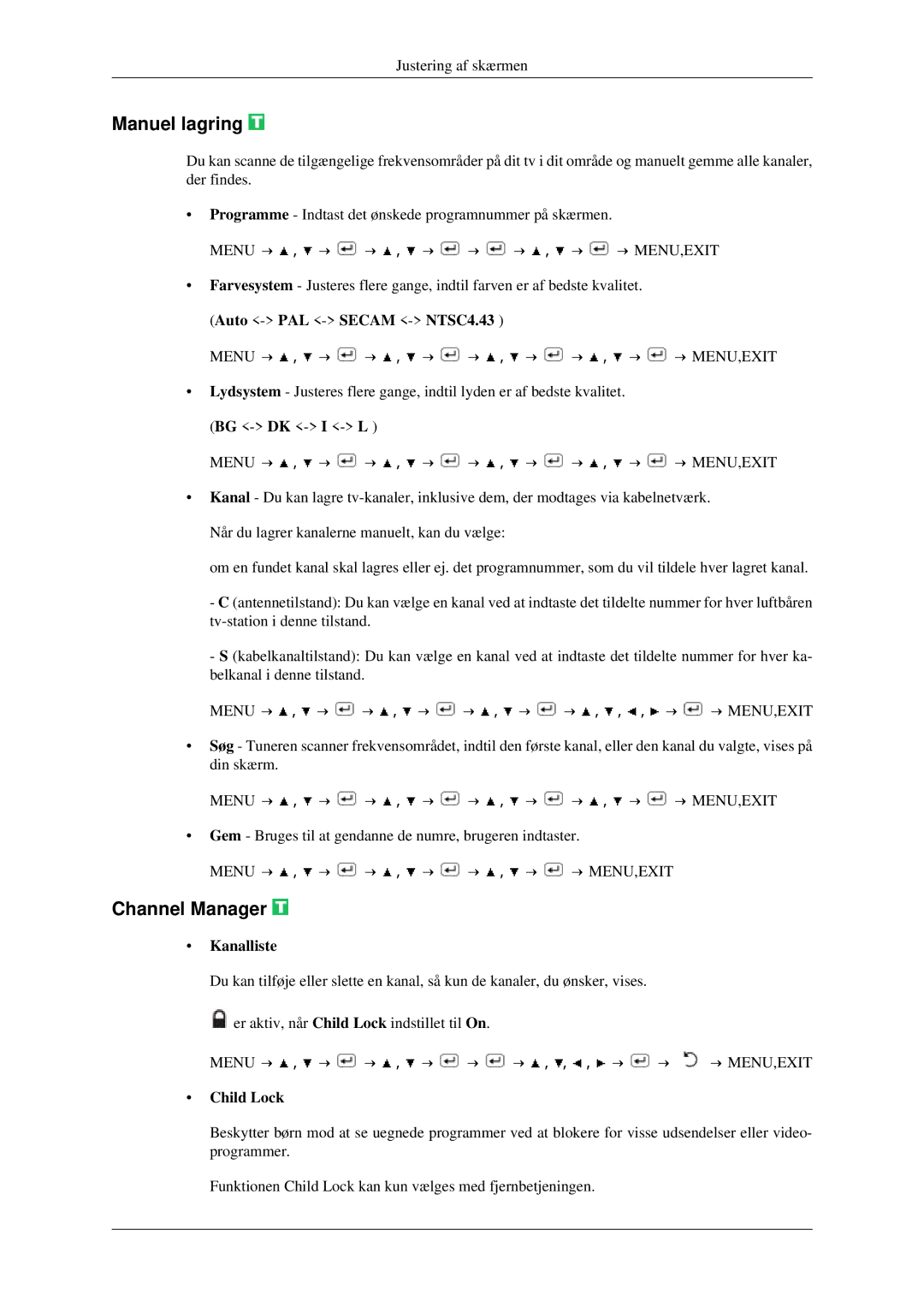 Samsung LS23CFVKF/XE, LS23CFEKF/EN manual Manuel lagring, Channel Manager, Kanalliste, Child Lock 