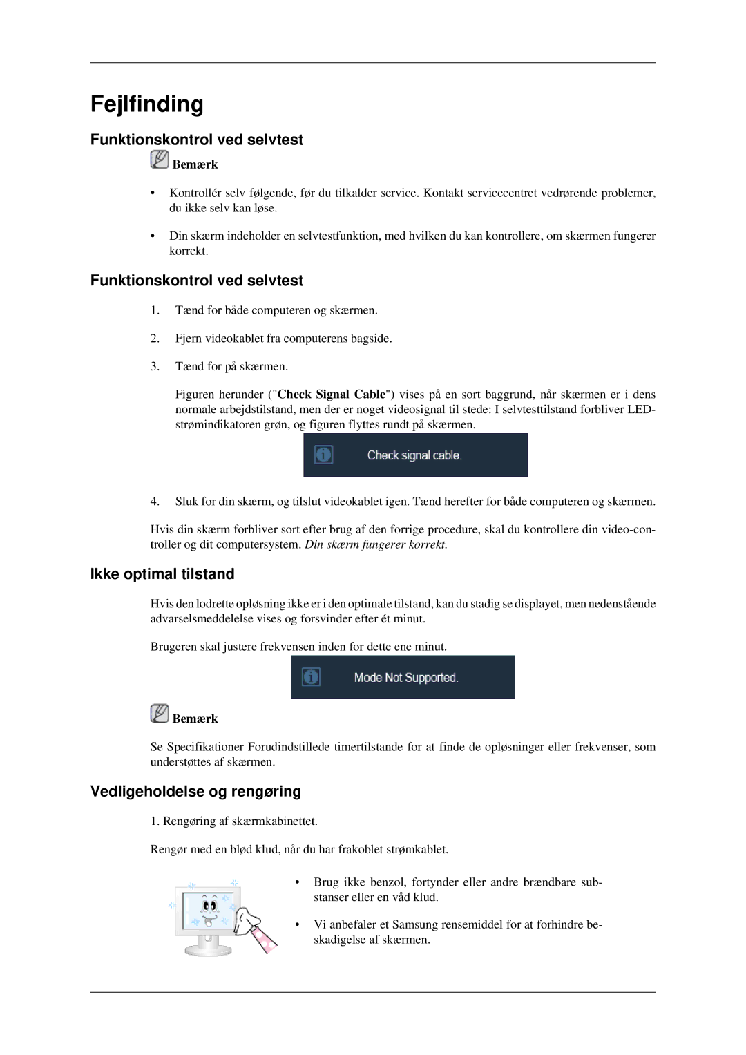 Samsung LS23CFEKF/EN manual Fejlfinding, Funktionskontrol ved selvtest, Ikke optimal tilstand, Vedligeholdelse og rengøring 