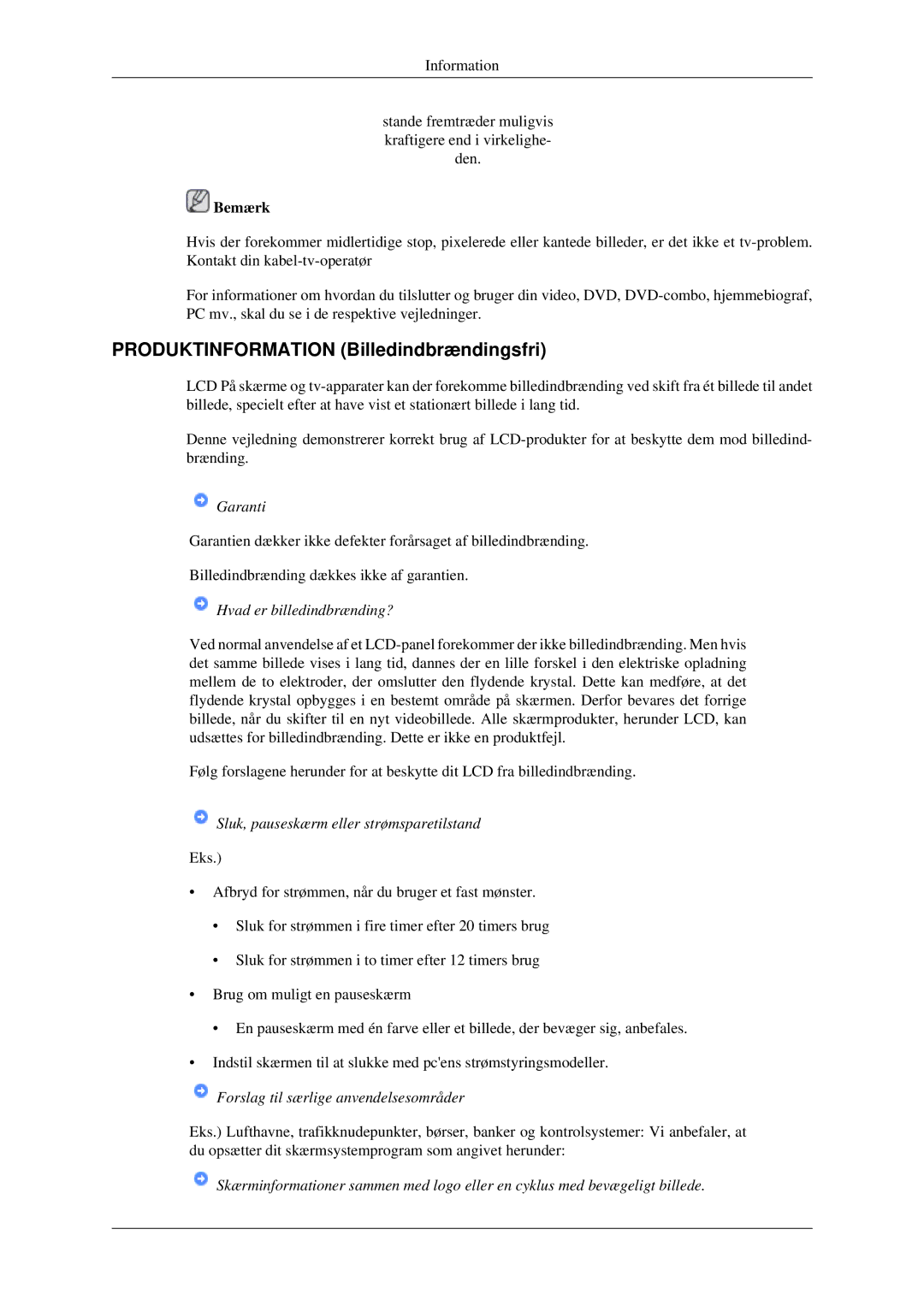 Samsung LS23CFEKF/EN, LS23CFVKF/XE manual Produktinformation Billedindbrændingsfri, Garanti 