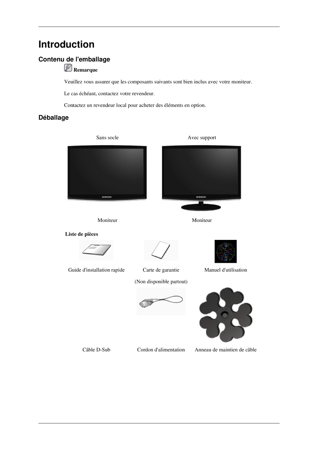 Samsung LS23CFVKF/EN manual Introduction, Contenu de lemballage, Déballage, Liste de pièces 