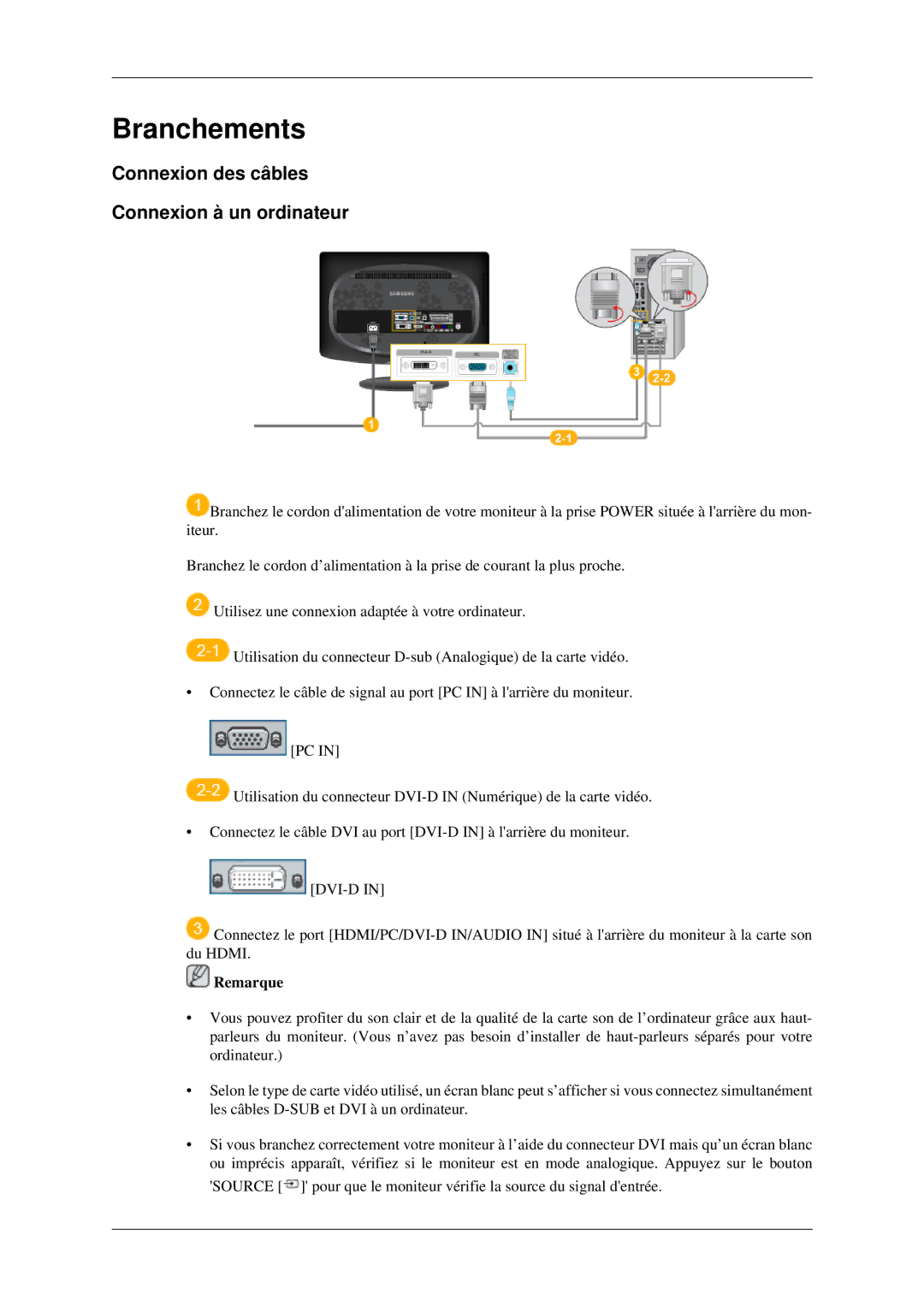 Samsung LS23CFVKF/EN manual Branchements, Connexion des câbles Connexion à un ordinateur 