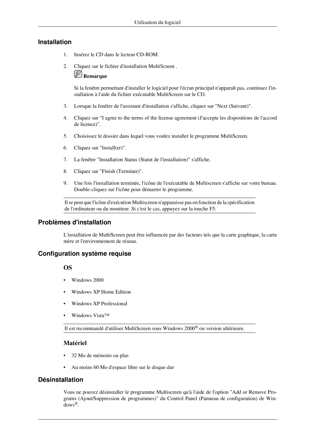 Samsung LS23CFVKF/EN manual Problèmes dinstallation, Configuration système requise, Désinstallation 