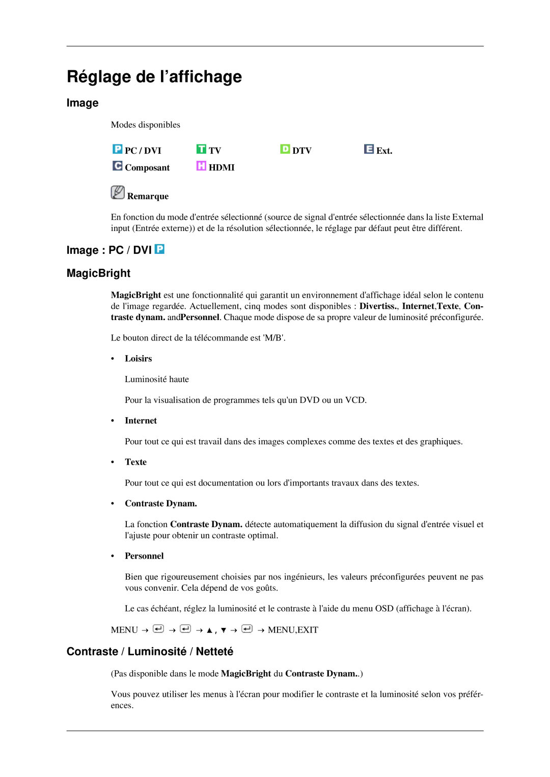 Samsung LS23CFVKF/EN manual Réglage de l’affichage, Image PC / DVI MagicBright, Contraste / Luminosité / Netteté 