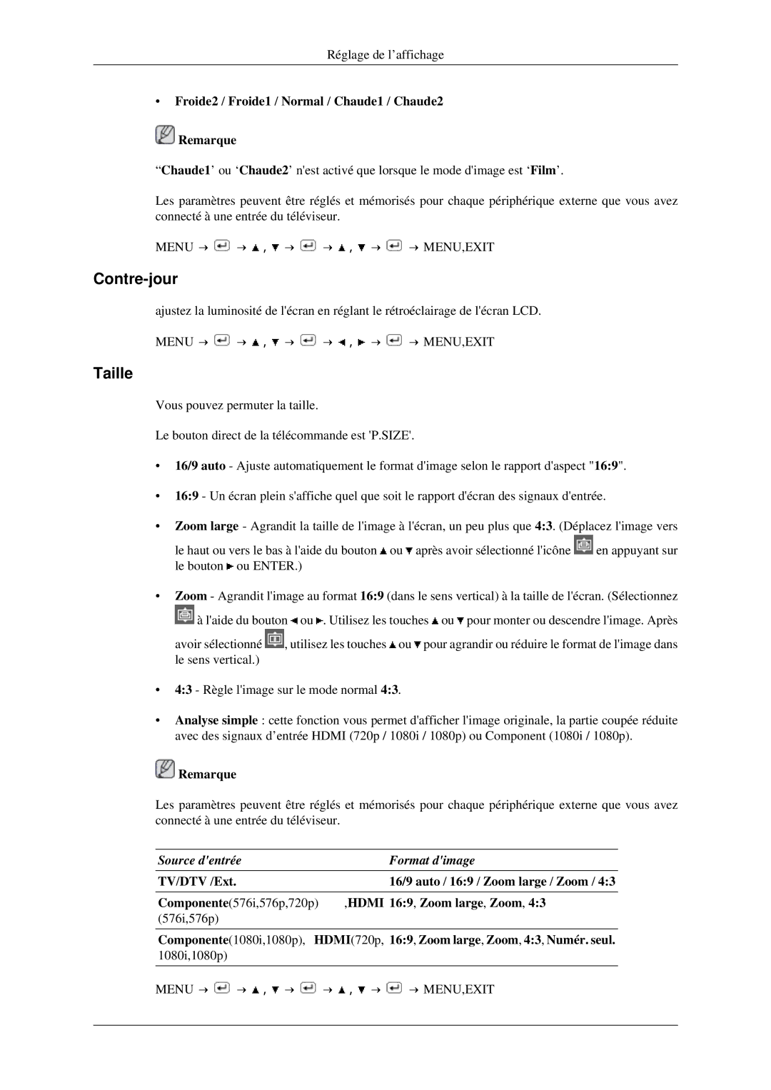 Samsung LS23CFVKF/EN manual Contre-jour, Taille, Froide2 / Froide1 / Normal / Chaude1 / Chaude2 Remarque 