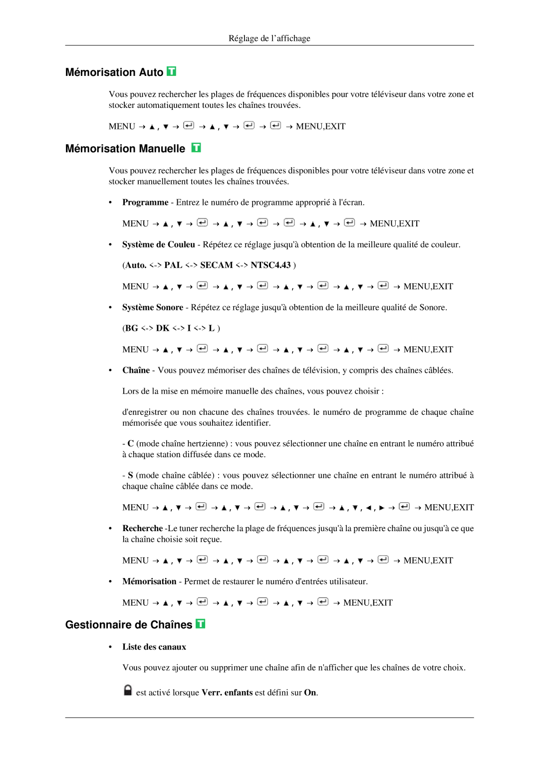 Samsung LS23CFVKF/EN manual Mémorisation Auto, Mémorisation Manuelle, Gestionnaire de Chaînes, Liste des canaux 