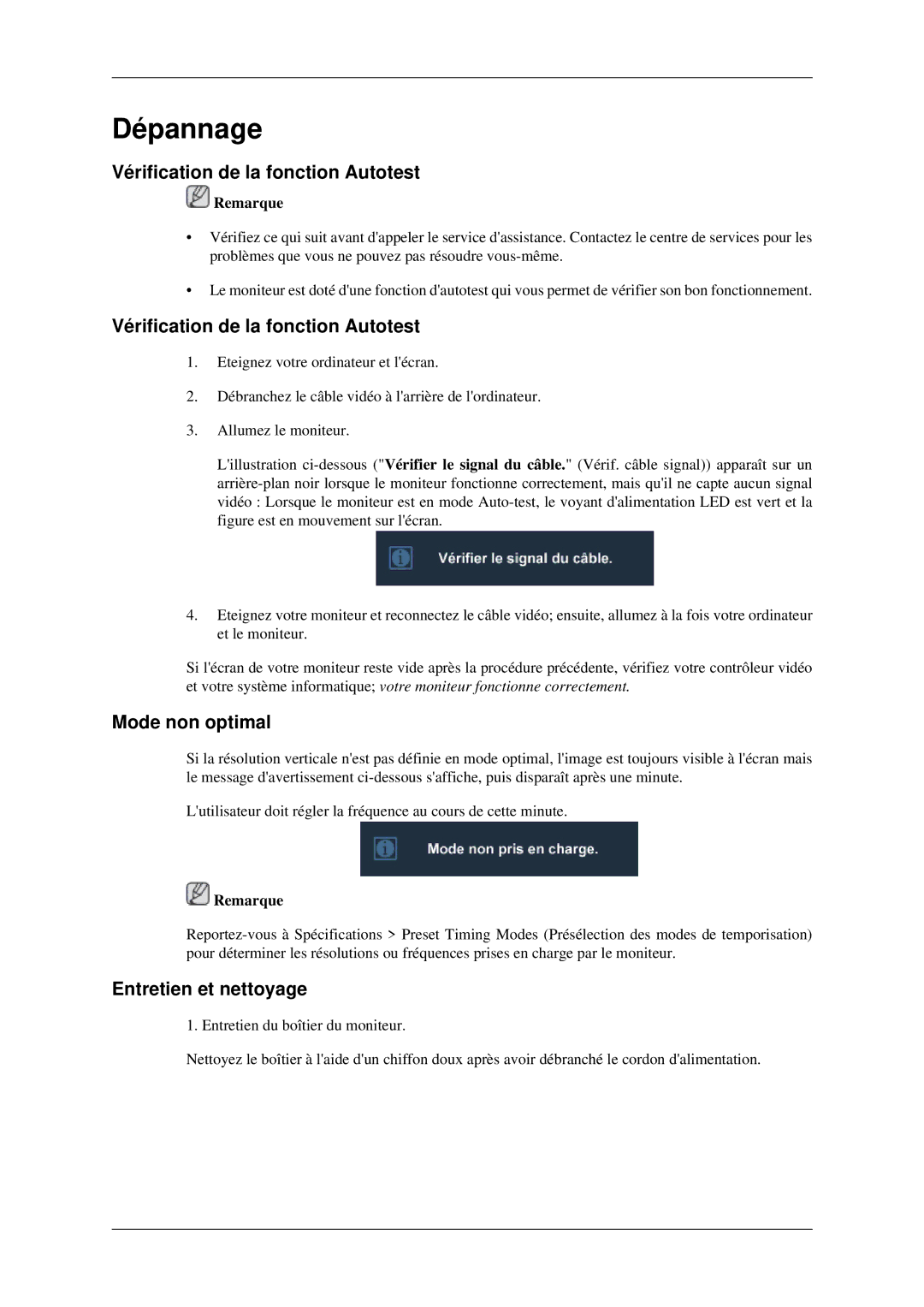 Samsung LS23CFVKF/EN manual Dépannage, Vérification de la fonction Autotest, Mode non optimal, Entretien et nettoyage 