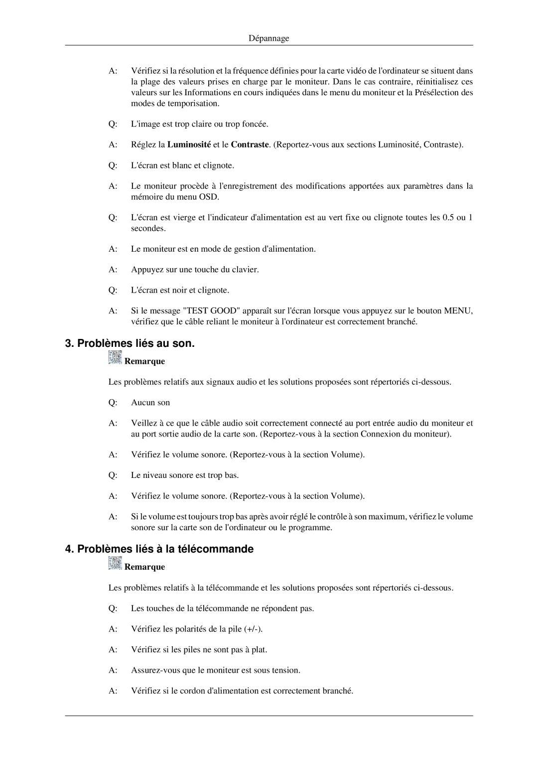 Samsung LS23CFVKF/EN manual Problèmes liés au son, Problèmes liés à la télécommande 