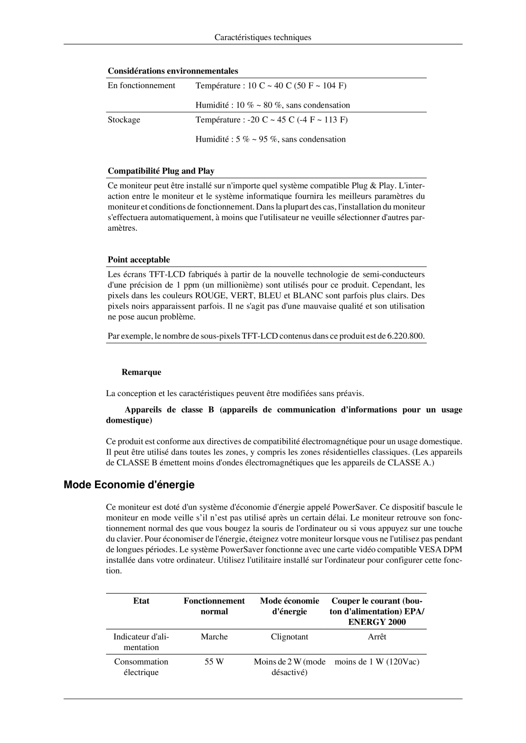 Samsung LS23CFVKF/EN manual Mode Economie dénergie, Considérations environnementales, Compatibilité Plug and Play 